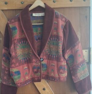 Anu by Natural Vintage Burgundy Sun Moon & Stars Pattern Womens  Blazer S